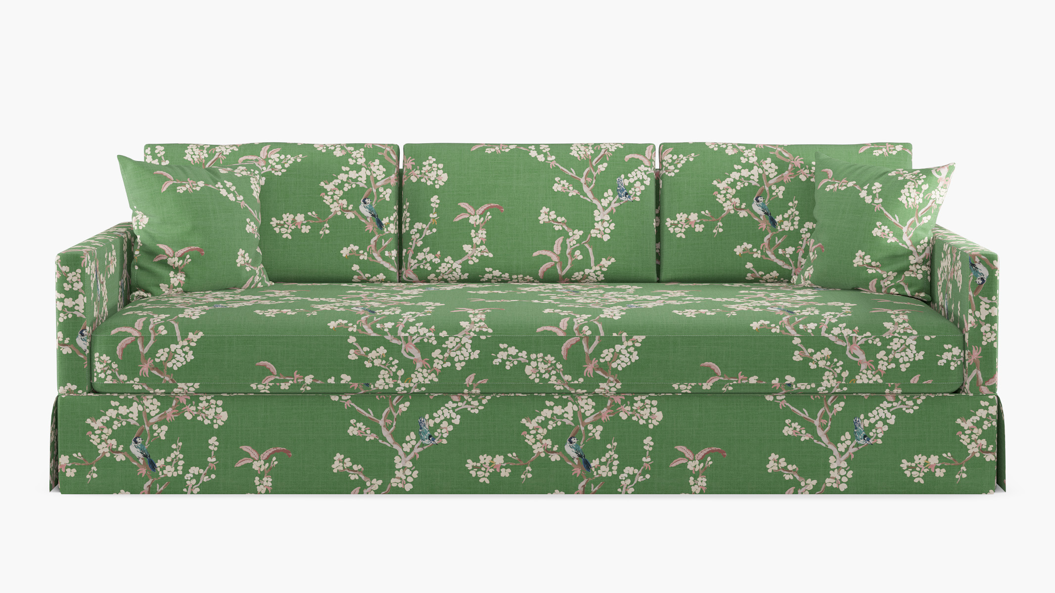 Skirted Track Arm Sofa | Extra Deep | With Throw Pillows | Jade Cherry Blossom