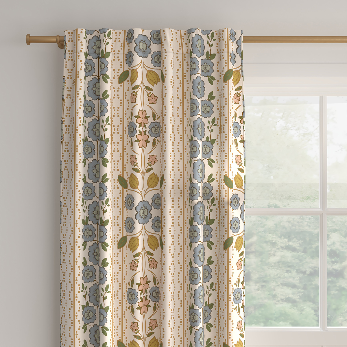 Printed Linen Unlined Curtains | 50" x 108" | Colonial Blue Floriline