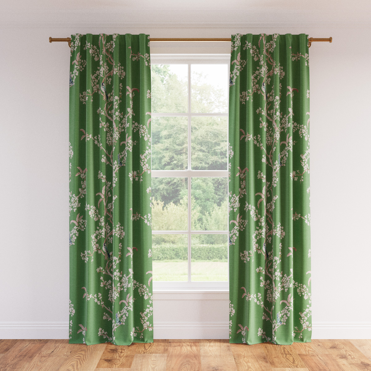 Printed Linen Unlined Curtain | 50" x 108" | Jade Cherry Blossom