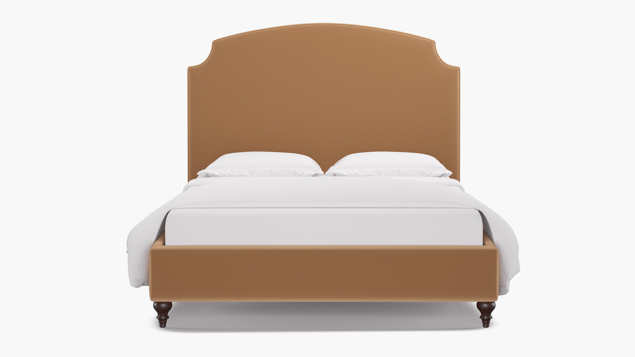 Camel Performance Plush Velvet Upholstered Custom Cove Platform Bed | King  | Espresso Traditional Turned Leg | The Inside Furniture, image size:2133x1200