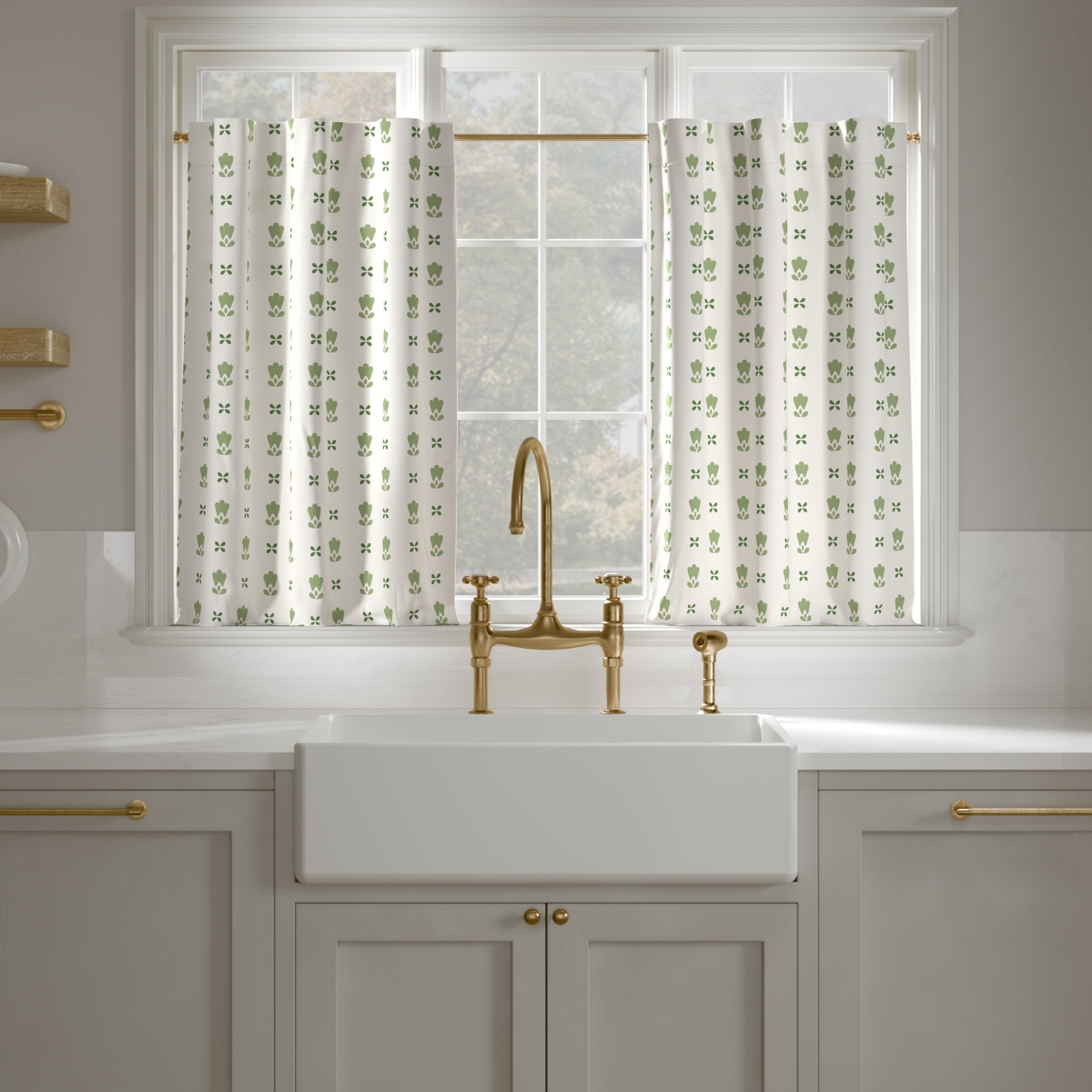 Printed Linen Unlined Cafe Curtains | 25" x 24" | Jade Mod Fleur