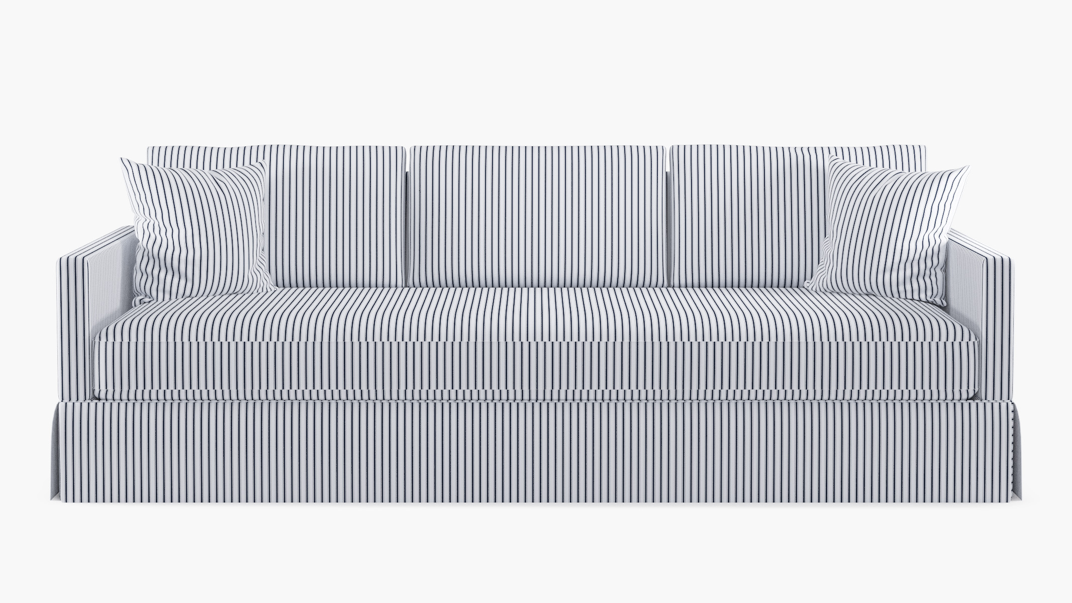 Navy Classic Ticking Stripe Upholstered Custom Skirted Track Arm