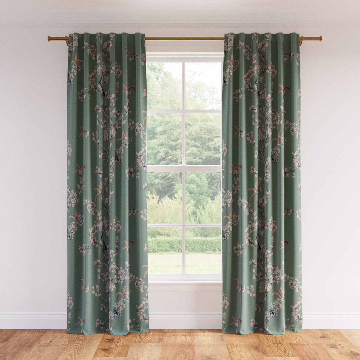 Printed Linen Privacy Curtain | 50" x 108" | Mint Cherry Blossom